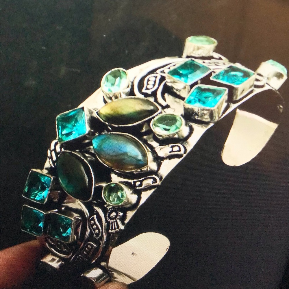 Labradorite Blue Topaz Stamped Solid 925 Sterling Silver Cuff Bracelet